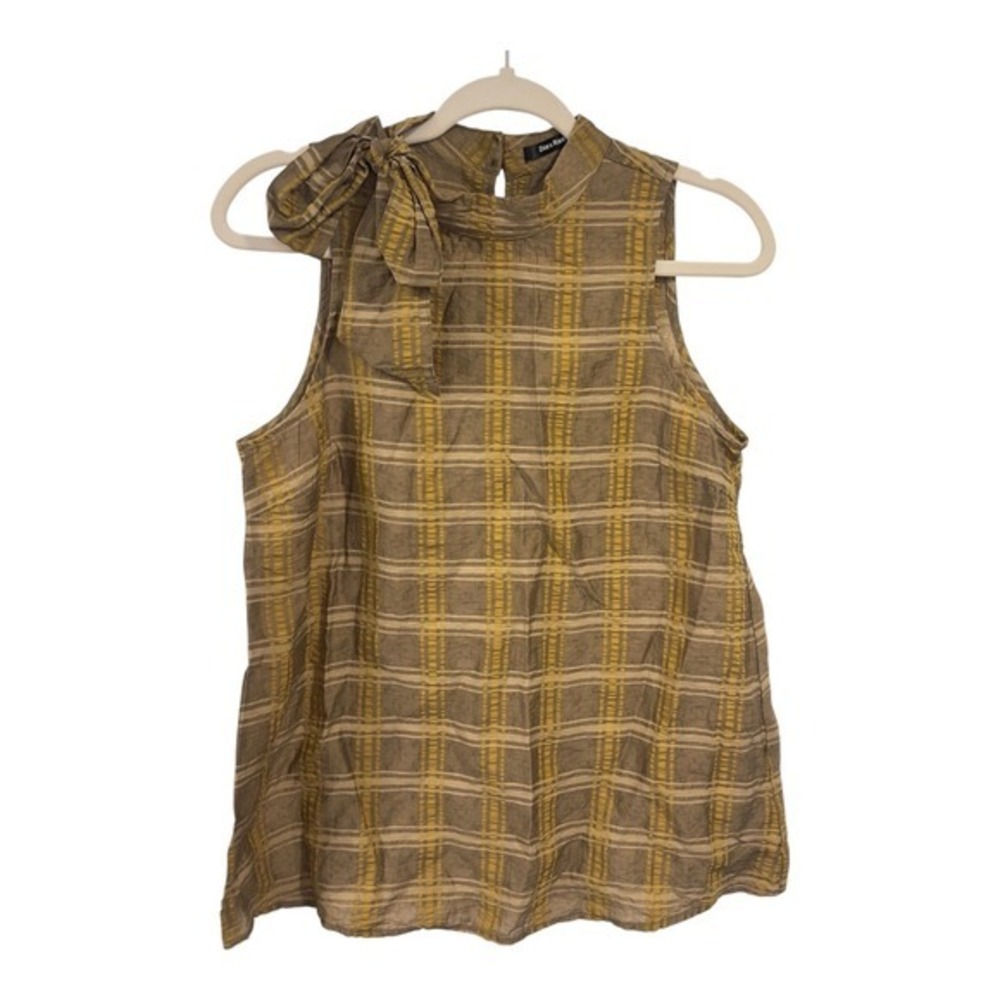 Doe & Rae Plaid‎ Sleeveless Mock Neck Bow Blouse Top Women's Size S